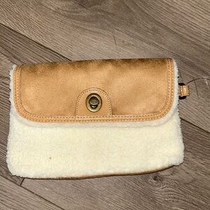 Fuzzy suede with buckle clutch purse, brown, and off-white